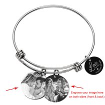 Qina C. Love You to the Moon and Back Personalized Photo or Text Engraving Dangle Charm Adjustable Wire Bangle Bracelet Inspirational Gift