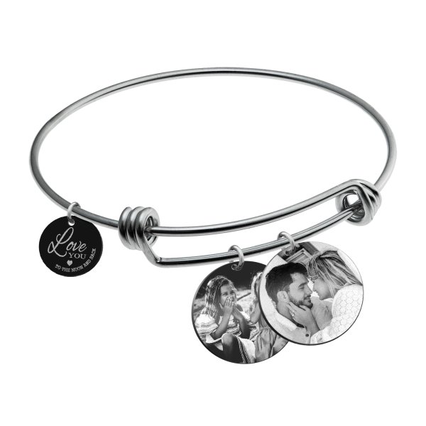 Qina C. Love You to the Moon and Back Personalized Photo Engrave Dangle Charm Adjustable Wire Bangle Bracelet Inspirational Gift