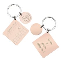 Custom Engraved Text Personalized Calendar Date with Love U to the Moon & Back Stainless Steel Rose Gold Dog Tag Keychain
