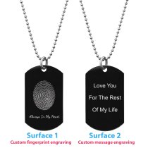Stainless Steel Personalized Fingerprint + Back Side Text Engraving Custom Dog Tag w/ Dot Ball Chain Necklace 24″ - Handmade