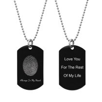 Stainless Steel Personalized Fingerprint + Back Side Text Engraving Custom Dog Tag w/ Dot Ball Chain Necklace 24" - Handmade