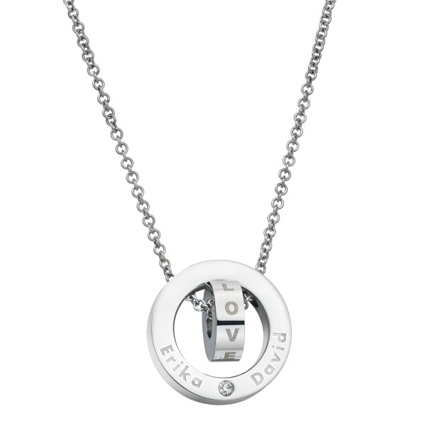 316 Stainless Steel Personalized Dual Ring Love Dangle Charm Rolo Chain Necklace, 18"+1" Extender