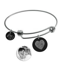 Qina C. Love You to the Moon and Back Personalized Photo or Text Engraving Dangle Charm Adjustable Wire Bangle Bracelet Inspirational Gift