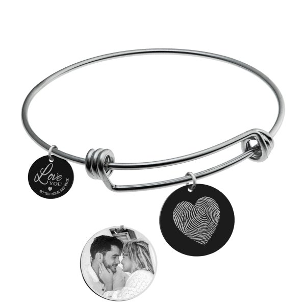 Qina C. Love You to the Moon and Back Personalized Photo or Text Engraving Dangle Charm Adjustable Wire Bangle Bracelet Inspirational Gift