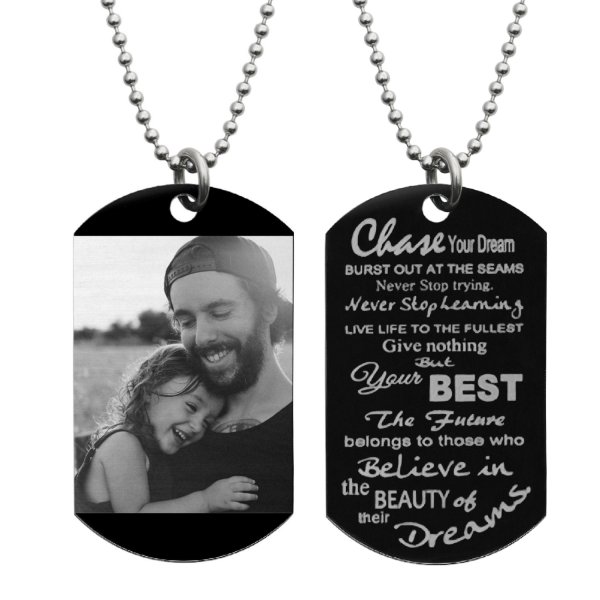 Chase Your Dream Stainless Steel Engraved Text Personalzied Photo Dog Tag Pendant Necklace, 24 in