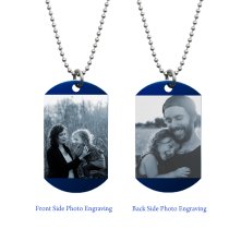 Blue Stainless Steel Two Sides Personalized Photo Engraving Custom Dog Tag w/ Dot Ball Chain Necklace 24″ - Handmade