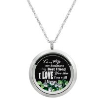 Queenberry to My Wife My Soulmate My Best Friend Floating Laser Engraved Personalized Text Message Floating Locket Green Crystals Necklace Pendant Handmade Love Note Anniversary Wedding Birthday Gift