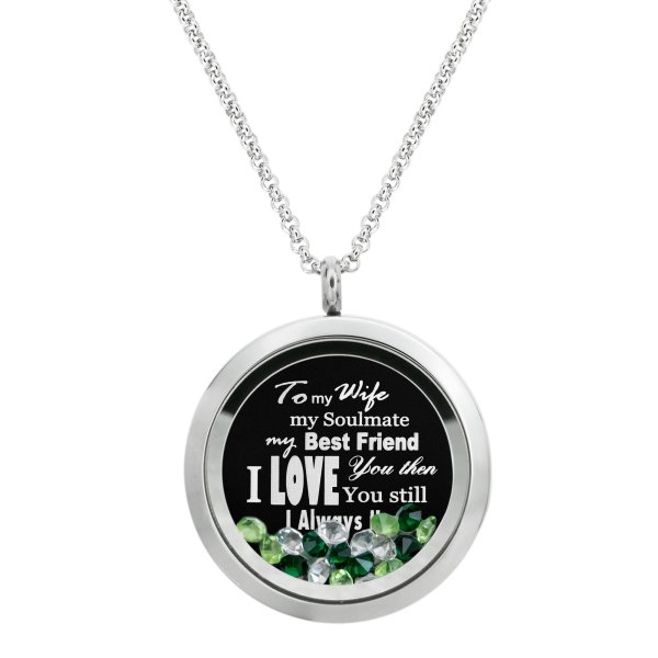 Queenberry to My Wife My Soulmate My Best Friend Floating Laser Engraved Personalized Text Message Floating Locket Green Crystals Necklace Pendant Handmade Love Note Anniversary Wedding Birthday Gift