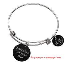 Qina C. Love You to the Moon and Back Personalized Photo Engrave Dangle Charm Adjustable Wire Bangle Bracelet Inspirational Gift