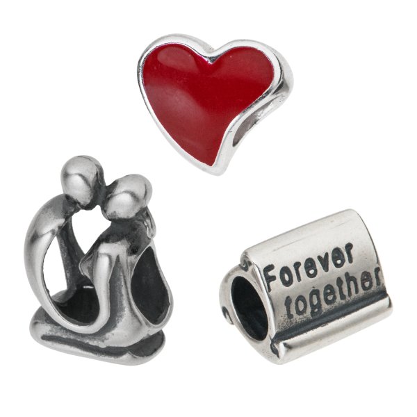 Sterling Silver Red Enamel Heart Forever Together Letter Kissing Couple Bead Charm Sets for Pandora Troll Chamilia Biagi European Charm Bracelets