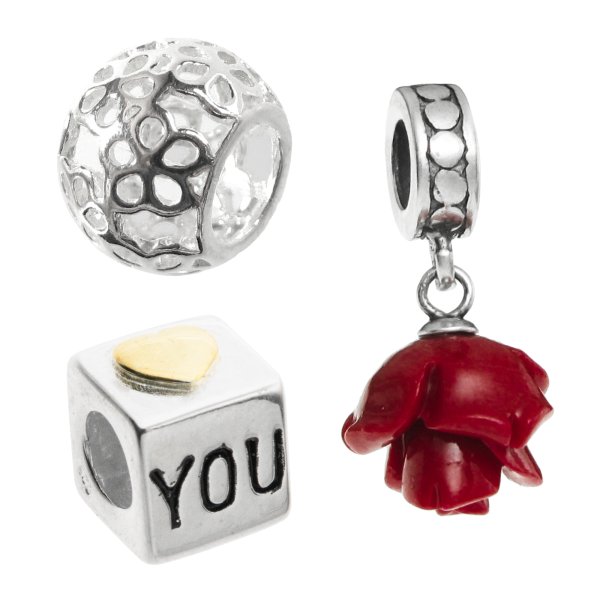 Sterling Silver Simulated Coral Rose Love You Cube Daisy Flower Bead Charm Sets for Pandora Troll Chamilia Biagi European Charm Bracelets