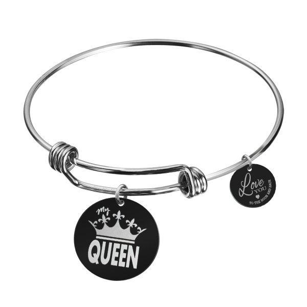 Qina C. Queen Crown Wife Engraved Round Disc Charm Adjustable Wire Bangle Bracelet