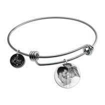 Qina C. Queen Crown Wife Engraved Pesonalized Photo Round Disc Charm Adjustable Wire Bangle Bracelet