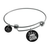 Qina C. Queen Crown Wife Engraved Pesonalized Photo Round Disc Charm Adjustable Wire Bangle Bracelet
