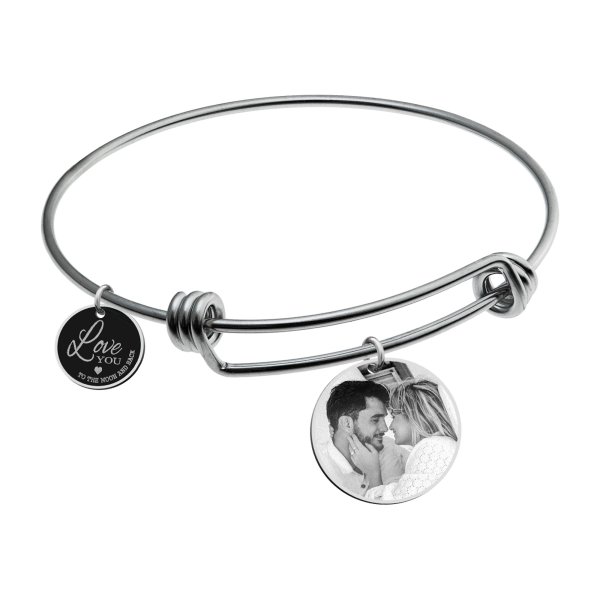 Qina C. Queen Crown Wife Engraved Pesonalized Photo and Message Round Disc Charm Adjustable Wire Bangle Bracelet