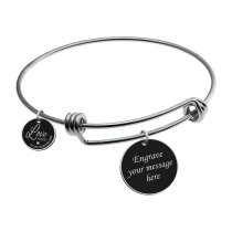 Qina C. Love U to the Moon & Back Wife Engraved Pesonalized Message Round Disc Charm Adjustable Wire Bangle Bracelet