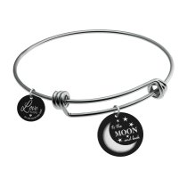 Qina C. Love U to the Moon & Back Wife Engraved Round Disc Charm Adjustable Wire Bangle Bracelet