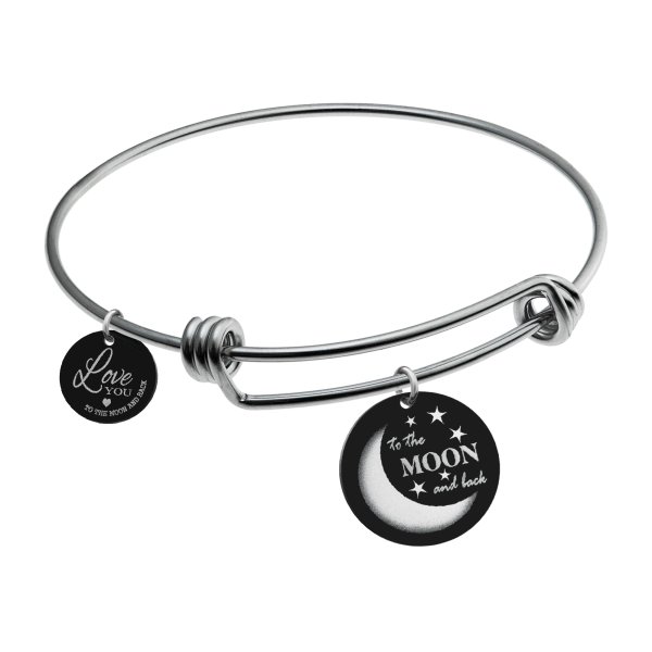Qina C. Love U to the Moon & Back Wife Engraved Round Disc Charm Adjustable Wire Bangle Bracelet