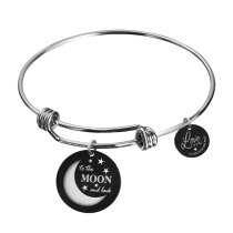 Qina C. Love U to the Moon & Back Wife Engraved Round Disc Charm Adjustable Wire Bangle Bracelet