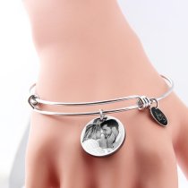 Qina C. To My Wife My Soulmate Engraved Pesonalized Photo Round Disc Charm Adjustable Wire Bangle Bracelet