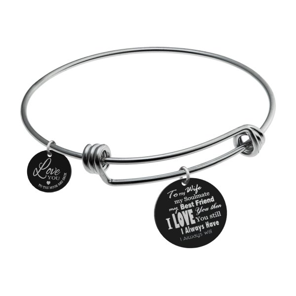 Qina C. To My Wife My Soulmate Engraved Round Disc Charm Adjustable Wire Bangle Bracelet