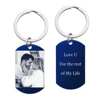 Blue One Side Photo + One Side Text Personalized Engraved Stainless Steel Custom Dog Tag Key Chain - Handmade