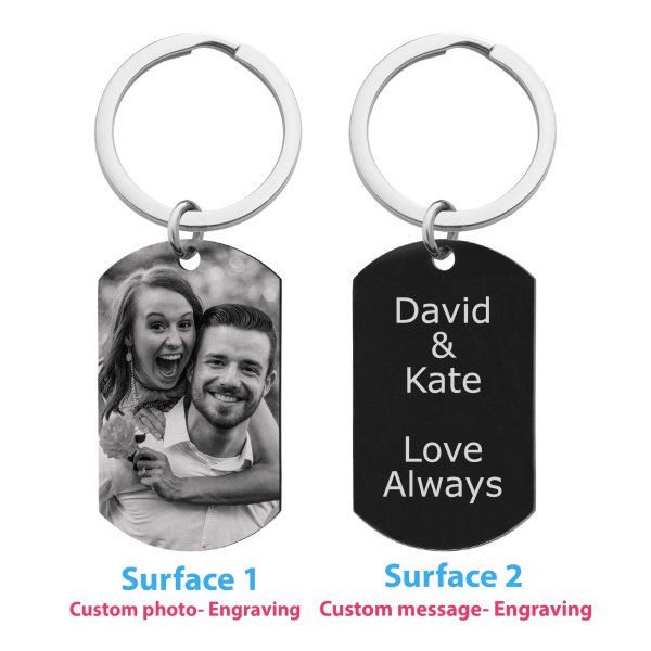 Black One Side Photo + One Side Text Personalized Engraved Stainless Steel Custom Dog Tag Key Chain - Handmade