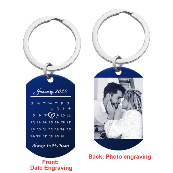 Blue Custom Engraved Personalized Calendar Date & Picture Memorial Stainless Steel Dog Tag Keychain