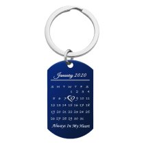 Blue Custom Engraved Personalized Calendar Date & Picture Memorial Stainless Steel Dog Tag Keychain