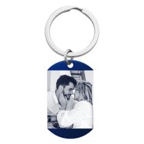 Blue Custom Engraved Personalized Calendar Date & Picture Memorial Stainless Steel Dog Tag Keychain