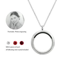 Engraved Personalized Photo Floating Red Crystals Necklace Pendant