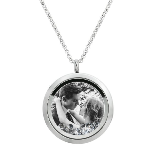 Engraved Personalized Photo + Message Engraving Floating Clear Crystals Necklace Pendant