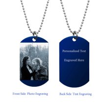 Blue Stainless Steel Personalized Photo + Text Engraving Custom Dog Tag w/ Dot Ball Chain Necklace 24″ - Handmade