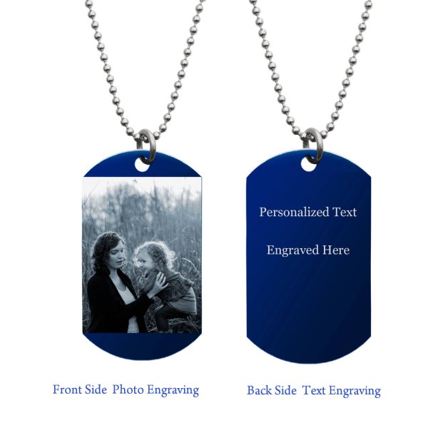 Blue Stainless Steel Personalized Photo + Text Engraving Custom Dog Tag w/ Dot Ball Chain Necklace 24" - Handmade