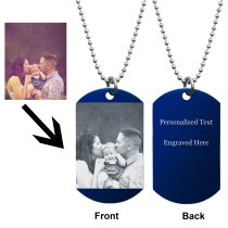 Blue Stainless Steel Personalized Photo + Text Engraving Custom Dog Tag w/ Dot Ball Chain Necklace 24" - Handmade
