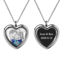 Engraved Personalized Photo + Text Heart Floating Crystal Chain Necklace Pendant Handmade Gift - Blue