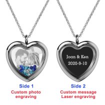 Engraved Personalized Photo + Text Heart Floating Crystal Chain Necklace Pendant Handmade Gift - Blue