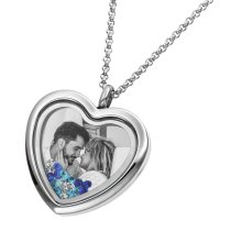Engraved Personalized Photo + Text Heart Floating Crystal Chain Necklace Pendant Handmade Gift - Blue