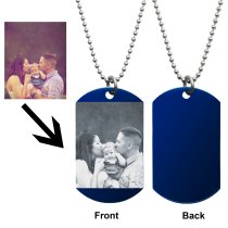 Stainless Steel One Side Personalized Photo Engraving Custom Blue Dog Tag w/ Dot Ball Chain Necklace 24" - Handmade