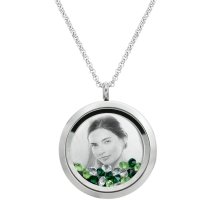 Stainless Steel Personalize Dual Side Photo Engraving Round Floating Green Crystal Locket Necklace Pendant, 30mm