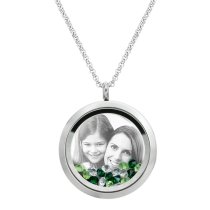 Stainless Steel Personalize Dual Side Photo Engraving Round Floating Green Crystal Locket Necklace Pendant, 30mm