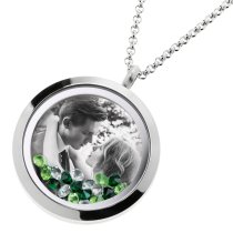 Stainless Steel Personalize Dual Side Photo Engraving Round Floating Green Crystal Locket Necklace Pendant, 30mm