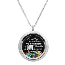 Queenberry to My Wife My Soulmate My Best Friend Floating Laser Engraved Personalized Text Message Floating Locket Rainbow Crystals Necklace Pendant Handmade Love Note Anniversary Wedding Birthday Gift