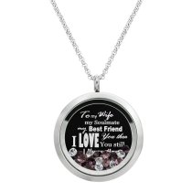 Queenberry to My Wife My Soulmate My Best Friend Floating Laser Engraved Personalized Text Message Floating Locket Pink Crystals Necklace Pendant Handmade Love Note Anniversary Wedding Birthday Gift
