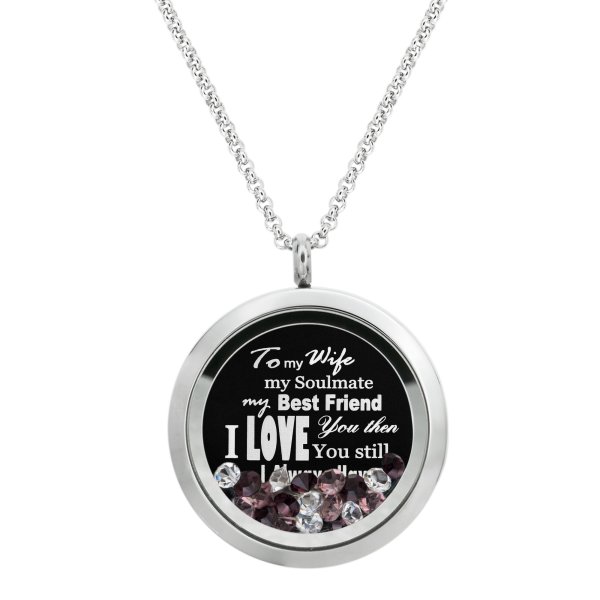 Queenberry to My Wife My Soulmate My Best Friend Floating Laser Engraved Personalized Text Message Floating Locket Pink Crystals Necklace Pendant Handmade Love Note Anniversary Wedding Birthday Gift