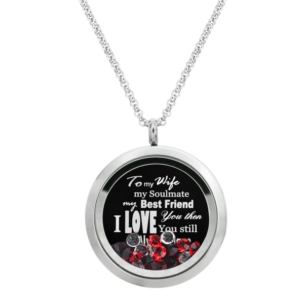 Queenberry to My Wife My Soulmate My Best Friend Floating Laser Engraved Personalized Text Message Floating Locket Red Crystals Necklace Pendant Handmade Love Note Anniversary Wedding Birthday Gift