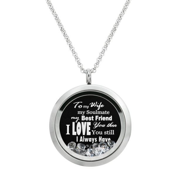 Queenberry to My Wife My Soulmate My Best Friend Floating Laser Engraved Personalized Text Message Floating Locket Clear Crystals Necklace Pendant Handmade Love Note Anniversary Wedding Birthday Gift