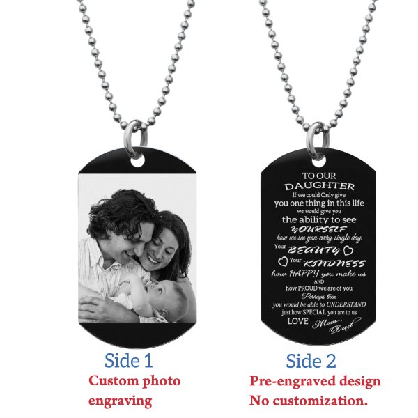 To Our Daughter From Mom and Dad Photo Engraving Custom Dog Tag w/ Dot Ball Chain Necklace 24" - Handmade