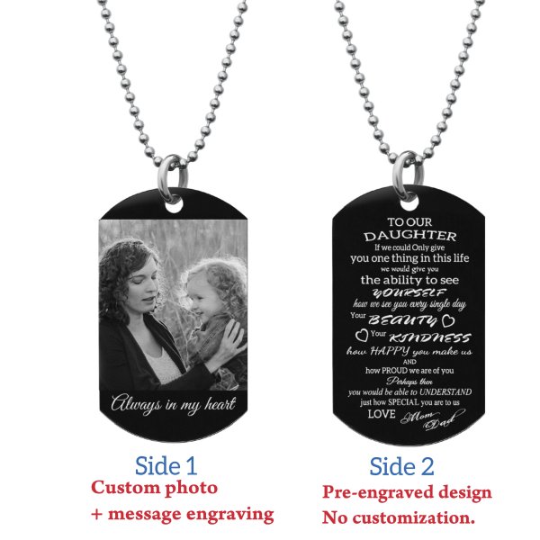 To Our Daughter From Mom and Dad Text/photo Engraving Custom Dog Tag w/ Dot Ball Chain Necklace 24" - Handmade