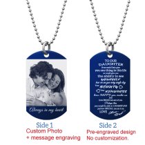 Blue - To Our Daughter From Mom and Dad Text/photo Engraving Custom Dog Tag w/ Dot Ball Chain Necklace 24″ - Handmade